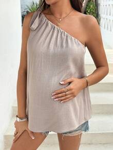 SHEIN Summer Outfits Maternity Casual Vacation Linen Breathable Single-Piece Tie Top  Maternity Summer Casual Loose Fit Shirt - Khaki - View 5