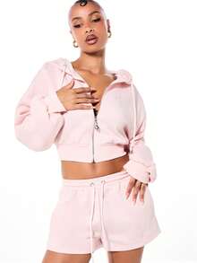 BABYPHAT Cropped Zip Through Sweatshirt With Rhinestone Text Details Hood Drawstring Pink Casual Winter - Pink - View 4