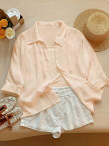 Comfortcana Apricot Solid Color Pocket Casual Long Sleeve Batwing Shirt, Spring/Summer - Apricot - View 4