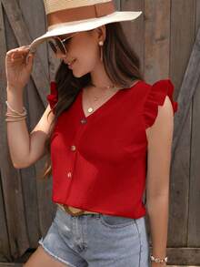 SHEIN Clasi 女士纯色V领单排扣休闲短袖衬衫 - 紅色 - 查看 4