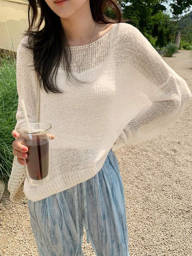 Loose Knit Hollow Out Long Sleeve Sweater, Layering Cover Up For Women