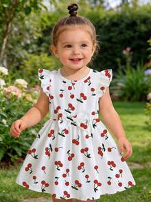1件女婴连衣裙，适合6个月至2-3岁，白色底红色樱桃印花，短袖设计，蝴蝶结装饰，轻薄面料，可爱柔软，适合夏季休闲穿着。 - 彩色 - 查看 3