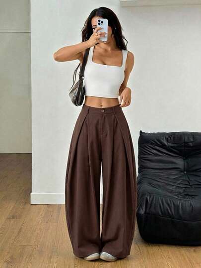 SHEIN PETITE Women's Summer Vintage Casual Hippie Street Oversized Blue Striped Textured Wide Leg Pants Brown Pants