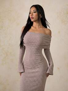 SHEIN PETITE 女士纯色露肩长袖休闲长裙，派对女士服装，新年女士连衣裙，圣诞节女士服装 - 藕粉色 - 查看 6