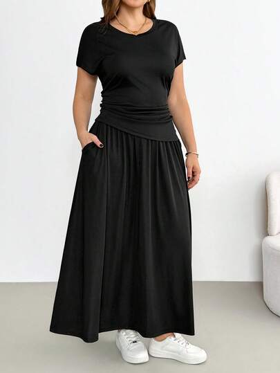 Shapeblank Plus-Size Women's Spring/Summer Fashion Casual Stretchy Comfortable Short-Sleeved Pleated Top And Elastic Waist Long Skirt Black Two Pieces Set,Simple Style,Summer Clothes,Airport Outfits Women Plus Clothing 2 Piece Black Plus Size Dress Plus Size Casual Dress Curve Elegant Dress Curvy Women Dresses