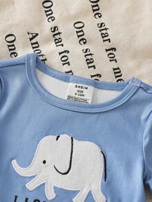 2件套幼儿男童可爱大象字母印花圆领按扣蓝色大象印花短裤睡衣套装，贴身款 - 藍色 - 查看 8
