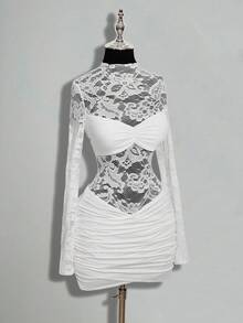 SHEIN ICON Women's Lace Patchwork Ruffle Elegant Date Party Mini Dress - White - View 5