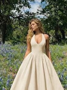 SHEIN MOD Women's Elegant Solid Color Backless Halter Dress, Summer,Summer Dresses For Women - Apricot - View 4