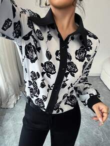 Modelyn 女士春夏梭织数码印花长袖立领休闲浪漫衬衫 - 黑色 - 查看 3