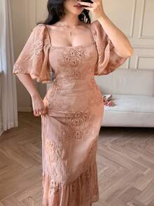 DAZY 女士优雅印花方领荷叶袖中长连衣裙，夏季婚礼宾客礼服，女士吊带裙 - 粉色 - 查看 6