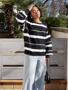 Yess Loren 女士休闲条纹落肩宽松套头长袖毛衣上衣黑色 - 彩色 - 查看 5