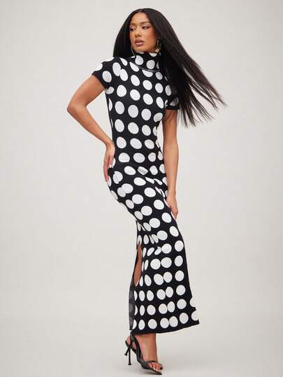 NYA SZN Dress Short Sleeve Fitted Bodycon Turtle Neck Slit Cut Out Midi Length Everyday Casual Business Casual Office Back To School Party Club Event Ibiza Holiday Green Knitwear Spring Summer Black And White Polka Dot Outfits For Women