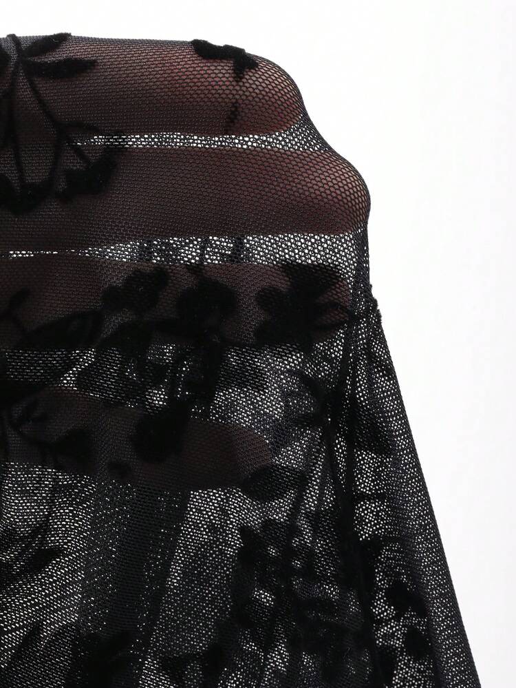 Black Floral,Spring And Summer Elegant Seductive Night Out Women's Ditsy Floral Asymmetric Hem Drawstring V-Neck Fitted Blouse With Bell Sleeves Tops