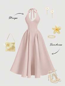 SHEIN MOD Women's Elegant Solid Color Backless Halter Dress, Summer - Baby Pink - View 3