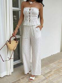 Sunnyshic Bộ đồ gồm áo quây không dây buộc phía trước và quần ống rộng cạp cao bằng vải cotton hữu cơ in chấm bi trắng, kiểu dáng thanh lịch, thoải mái, thích hợp cho kỳ nghỉ hè, đi biển dành cho nữ. - trắng - Xem 5