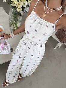 Livesso 女士休闲印花连体裤 - 米色 - 查看 4