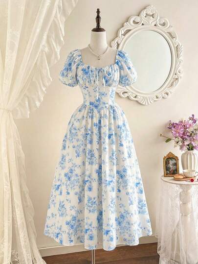 Vintamour Vintage Elegant Women's Dress With Pockets, Headband, Rose Floral Print, Pleated, Bow Tie, Casual Holiday Dress