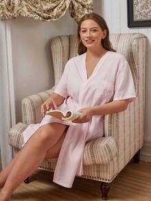 Doze Lane Plus Size Pink Striped Cotton Robe With V Neck And Short Sleeve For Comfortable Maternity Hospital Wear - Baby Pink - View 6