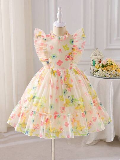 Glamorique Kids 女童优雅碎花荷叶边无袖连衣裙，公主裙，适合花童、派对、旅行、演出，四季皆宜