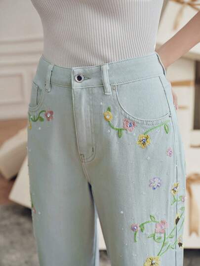 Anewsta Colorful Embroidered Casual Pants With Belt Loops, Straight Leg, Floral Design