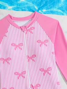 Tween Girls' One-Piece Swimsuit, Pink Striped Bow Print Long Sleeve Zipper, Suitable For Swimming, Summer Vacation, Beach - Pink - View 6