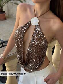 Aloruh Khaki, Brown, Apricot Halter Metallic Sequin Mesh Backless Sexy Knit Camisole Top, Vacation Wear Sexy Halter Top Sparkly Top Sequin Top - Khaki - View 3