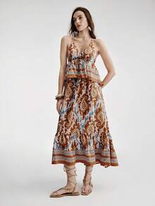 Aveloria Modichic White And Blue Floral,Summer,Boho,Vacation,Holiday Caramel Brown Vintage Paisley Print Lightweight Tiered Ruffle Hem Spaghetti Strap Elastic Dress - Multicolor - View 4