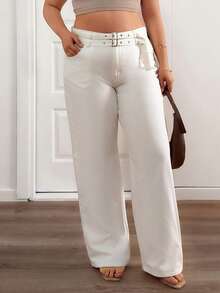 EURMUSE Plus High Waist Belted Straight Jean White Dress Pants Cream Pants White Wide Leg Pants Womens White Pants - White - View 6