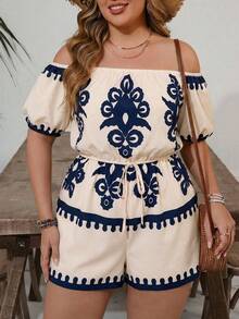 SHEIN VCAY Mono de hombros descubiertos minimalista y estampado para uso diario en tallas grandes - Azul - Ver 3