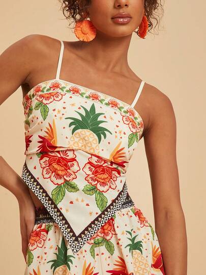 Travachic Women's Summer Floral Print Asymmetric Hem Camisole And Shorts 2 Pieces Set