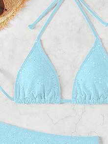 Swim Mod 3件套女士纯色度假沙滩泳装套装 - 藍色 - 查看 3