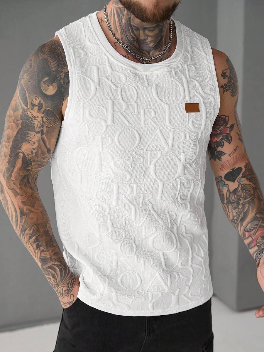 SLATEMANN 男士夏季字母压花圆领休闲百搭背心 男士白色图案背心 男士图案背心 - 白色 - 查看 1