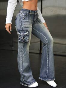SHEIN ICON Quần jeans ống loe dáng rộng dành cho nữ cỡ lớn, có túi hộp, được giặt mài. - Rửa tối - Xem 1