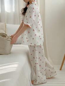 DAZY 少女樱桃印花立领插肩袖上衣和裤子睡衣套装 - 白色 - 查看 5