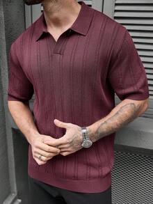 Manfinity Homme 加大码男士纯色 Polo 领短袖针织衫 男士针织衬衫 男士短袖休闲男士纽扣针织 Polo 衫 男士 V 领罗纹酒红色男士衬衫 - 彩色 - 查看 6