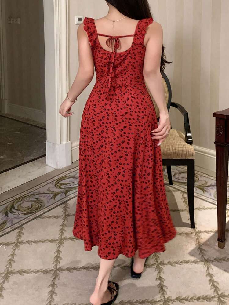 Dazy Plus Fashionable Ditsy Ditsy Floral Tie-Front Ruffle Collar Stretchy Bodycon Nightgown