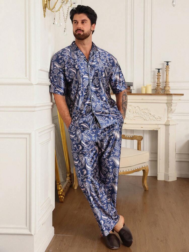 Men's Short Sleeve Shirt And Long Pants Pajama Set With All-Over Floral Design, Spring/Summer