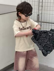 DAZY Young Boy Letter Print Casual Round Neck Short Sleeve T-Shirt - Khaki - View 5