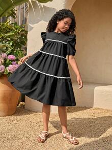 少女休闲度假绿色蝴蝶结泡泡袖圆领连衣裙，公主风上衣，适合春夏度假、旅行及各种场合 - 黑色 - 查看 3