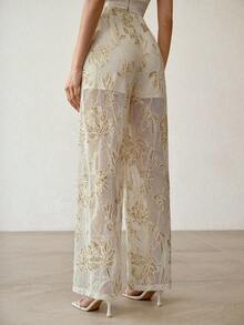 MOTF PREMIUM HEAVILY BEADED EMBROIDERED WIDE LEG RELAXED FIT PANTS FOR WOMEN - Apricot - View 4