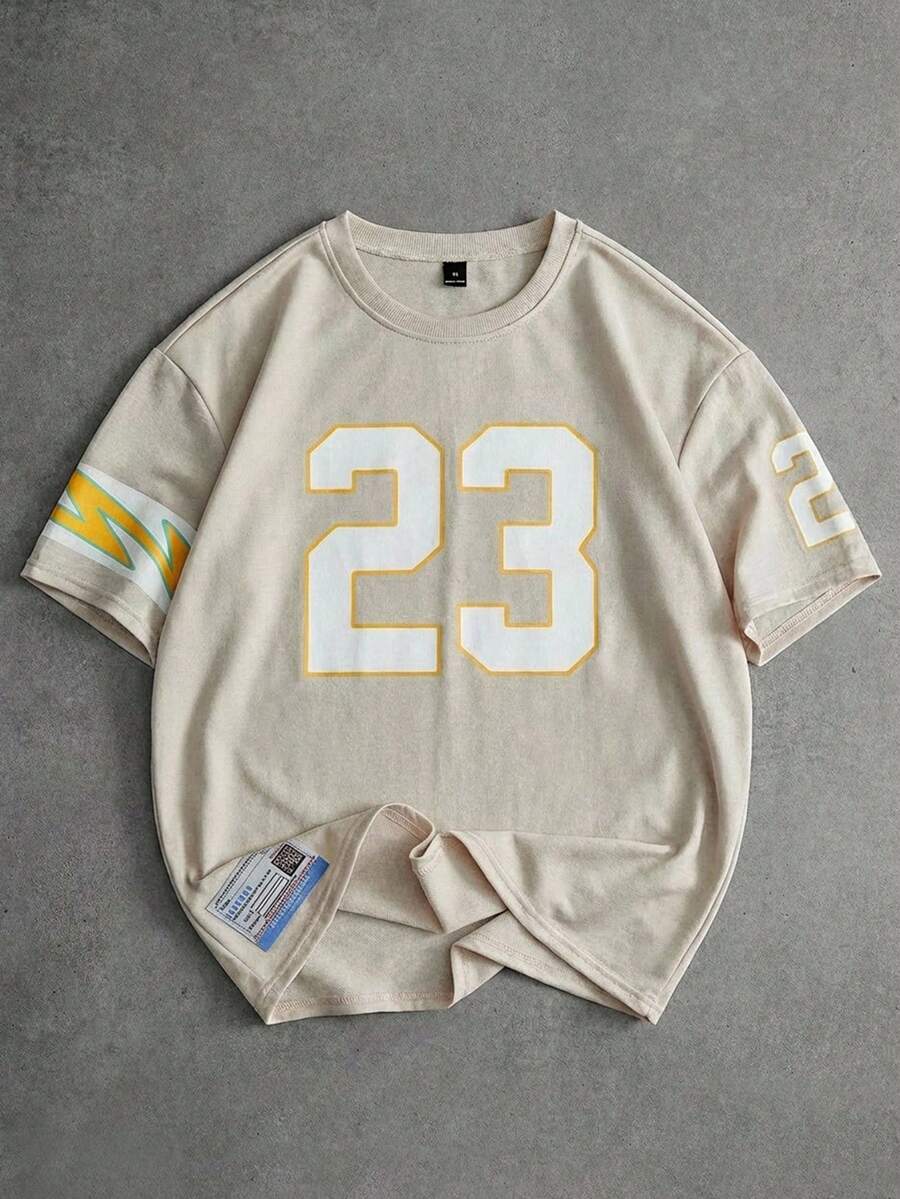 PAVTROS 情人节、春夏、千禧年、狂欢节、复古、街头服饰、派对、圣帕特里克节、外出、男士宽松“23”亚麻圆领T恤 - 杏色 - 查看 1