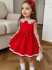 少女红色双层彼得潘领无袖束腰蝴蝶结樱桃印花连衣裙，时尚夏季海滩度假风 - 紅色 - 查看 5