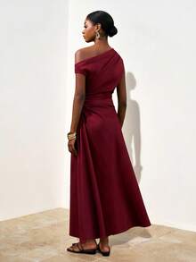 Zivah Burgundy, Autumn, Elegant, Bar Party Women's Dress, Dropped Shoulder One-Shoulder Pleats Asymmetric Design, Linen-Textured Fitted Waist Long A-Line Skirt - Burgundy - View 3