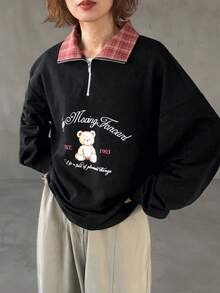 FRIFUL 女士春夏格子拼接翻领金属拉链卡通字母印花长袖宽松休闲百搭T恤 - 黑色 - 查看 7