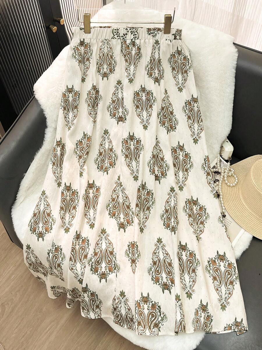 Lacomfia Rok Panjang Maxi Bermotif Paisley Ukuran Plus, Model A-Line, Dekorasi Rhinestone, Gaya Bohemian, Liburan, Warna Beige, Musim Gugur - MultiWarna - View 1