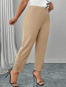 Reflora Plus Size Women Casual/Work Solid Color Lace Trim Pants - Apricot - View 4