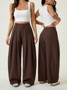 SHEIN PETITE Quần dài nữ mùa hè kiểu vintage năng động, phong cách đường phố, dáng rộng, màu xanh quân đội, ống loe, gấu quần cong. - Cà phê nâu - Xem 3
