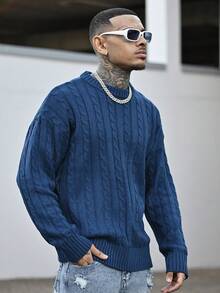 Devon Thys White Yue 男士时尚休闲加厚扭绳纽扣落肩圆领毛衣，适合通勤、秋冬新款、圣诞节、新年穿着，长袖上衣 - 寶藍色 - 查看 1