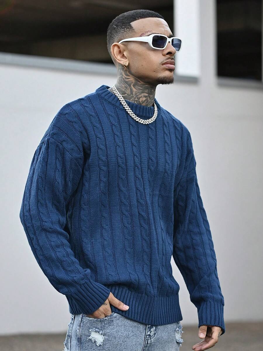 Devon Thys White Yue 男士时尚休闲加厚扭绳纽扣落肩圆领毛衣，适合通勤、秋冬新款、圣诞节、新年穿着，长袖上衣 - 寶藍色 - 查看 1