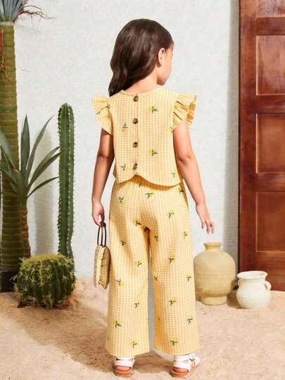 Elladie kids 2pcs/Set Young Girl Pastoral Style Sleeveless Ruffle Trim Top & Wide Leg Pants Set, Yellow & White Gingham + 3D Lemon Print + Button Back Design, Suitable For Casual, Playtime, Parent-Child Activities, Daily Wear, Back To School